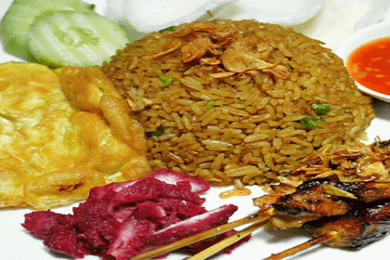 Special Fried Rice with Satay, Omelet, and Prawn Crackers